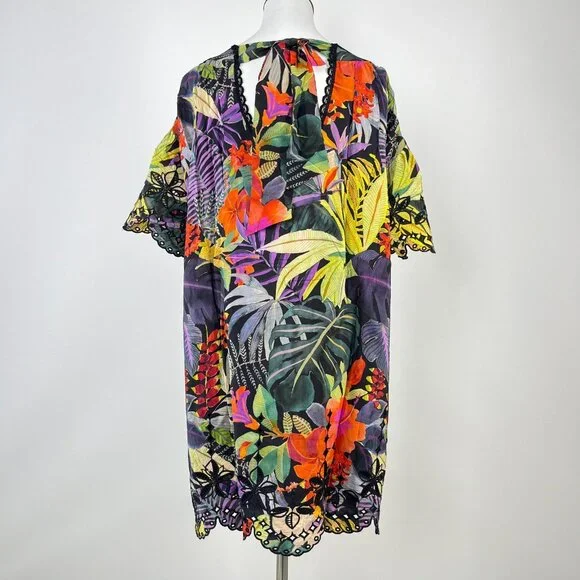 $398 NWOT Johnny Was Embroidery Lace Silk Floral Tie Mini Dress Oversize XS